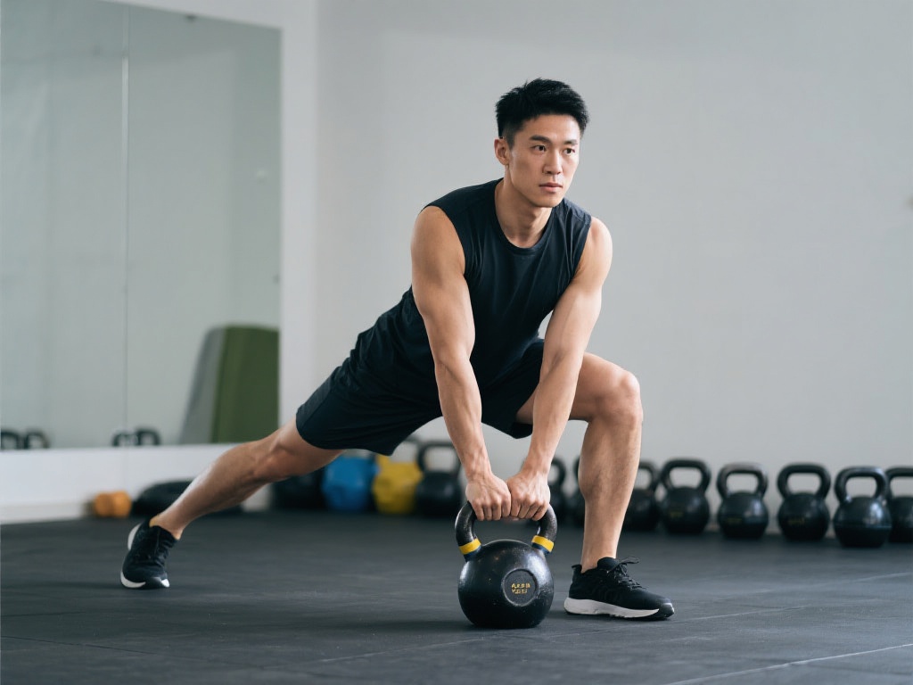 “活力晨练:郑少忠教你壶铃高脚杯侧滑步技巧” 郑少忠特别提醒,初学者可以先不使用壶铃,