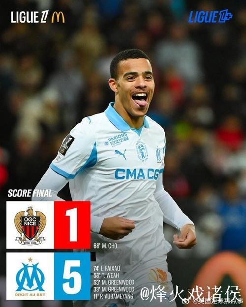 马赛5-1大胜尼斯暂居法甲榜首，格林伍德梅开二度，奥巴梅扬传射建功
